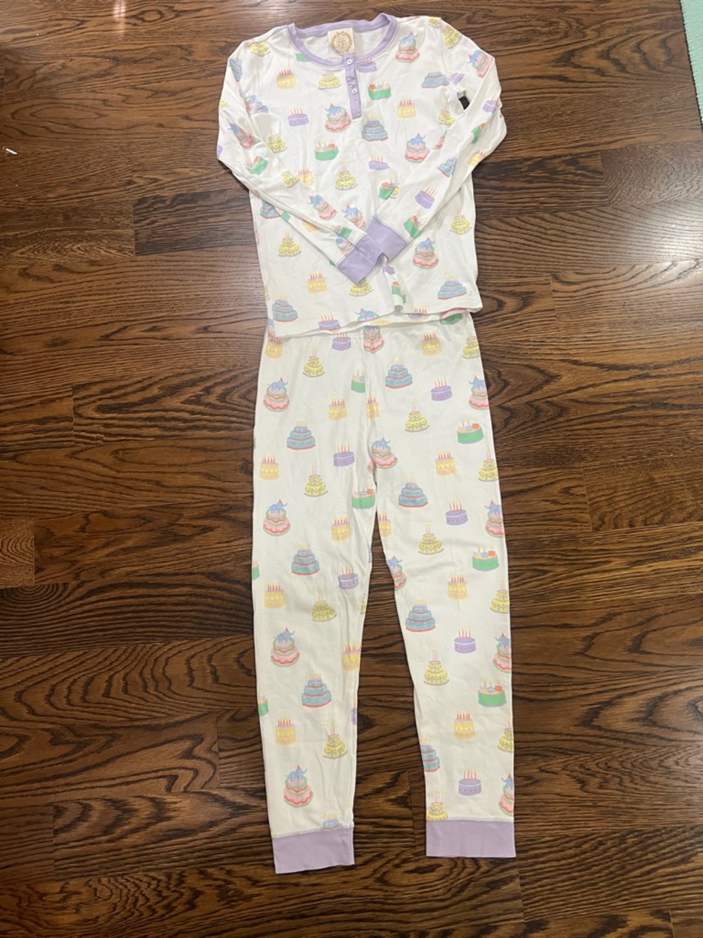 Girls' White Birthday Cake Print Pajama Set with Lavender Trim